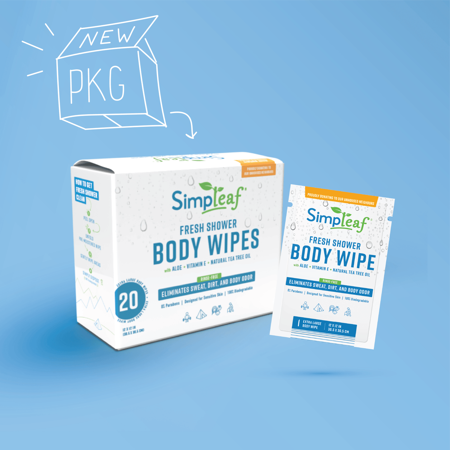 Simpleaf Brands - Extra Large Fresh Shower Body Wipes 12 inche by 12 Inche wipes for personal cleanup- Box size