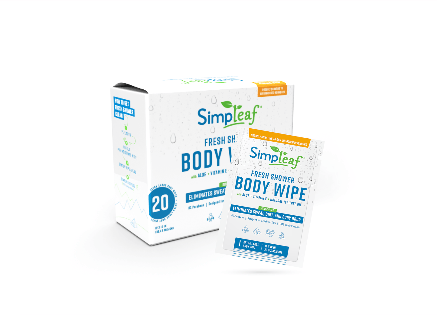 Simpleaf Brands - Extra Large Fresh Shower Body Wipes 12 inche by 12 Inche wipes for personal cleanup - Box size