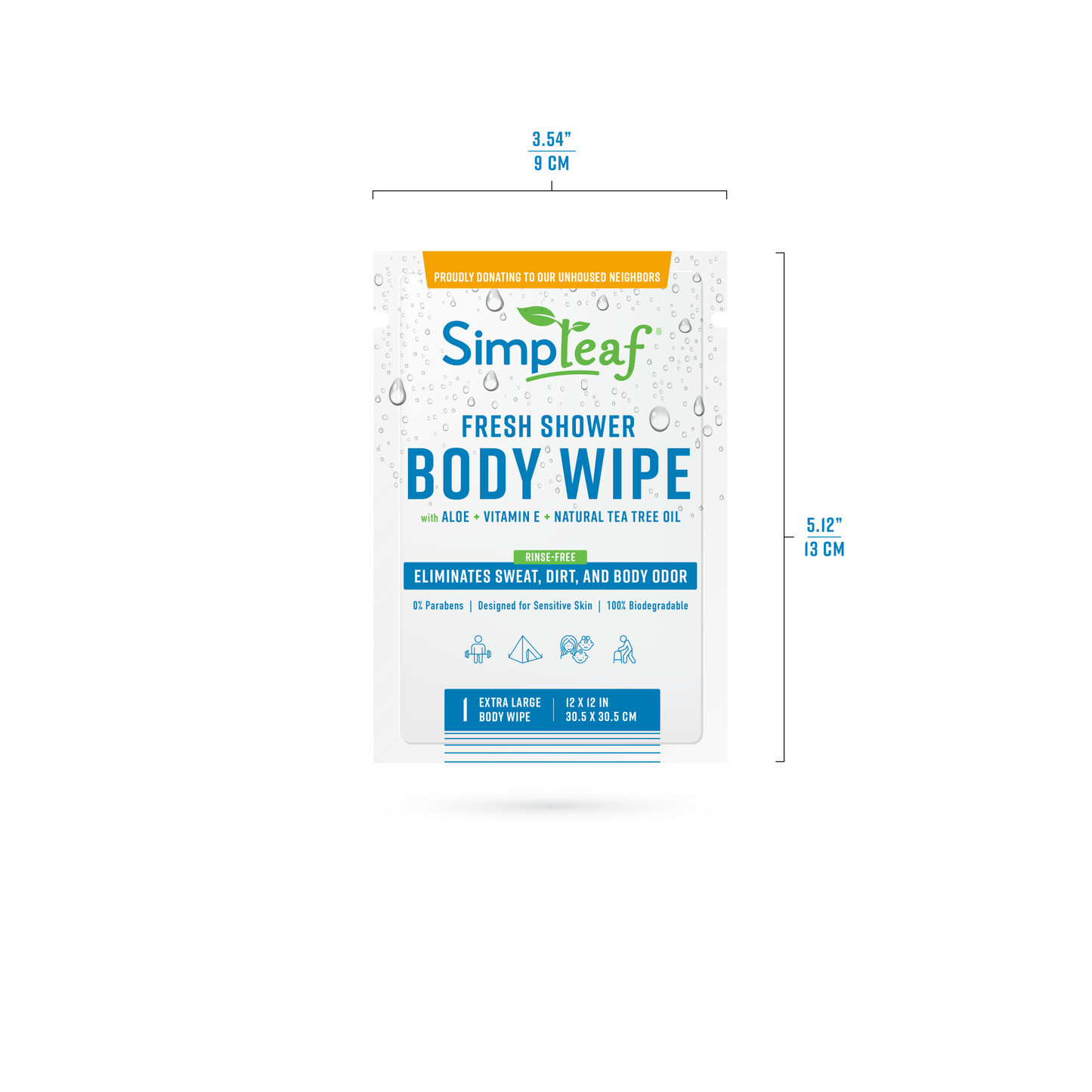 Simpleaf Brands - Extra Large Fresh Shower Body Wipes 12 inche by 12 Inche wipes for personal cleanup - Single pack