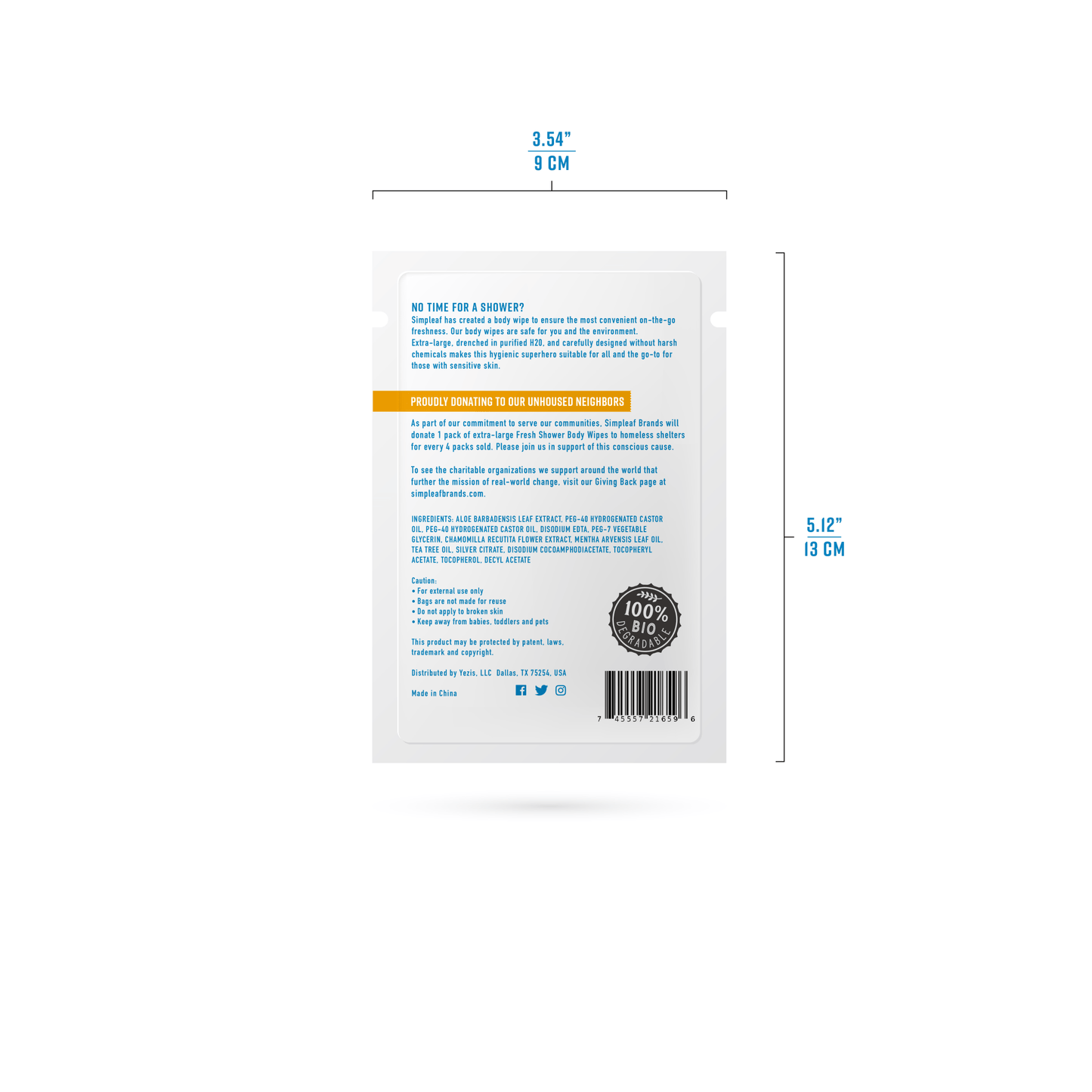 Simpleaf Brands - Extra Large Fresh Shower Body Wipes 12 inche by 12 Inche wipes for personal cleanup